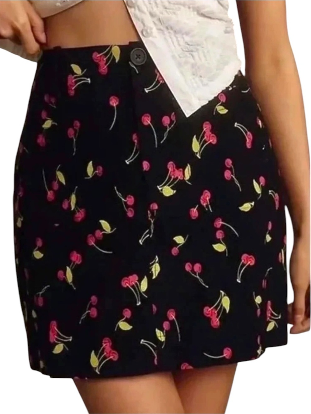 Anthropologie Maeve Colette Cherry Print Mini Skirt Size Medium Black Pink NWT